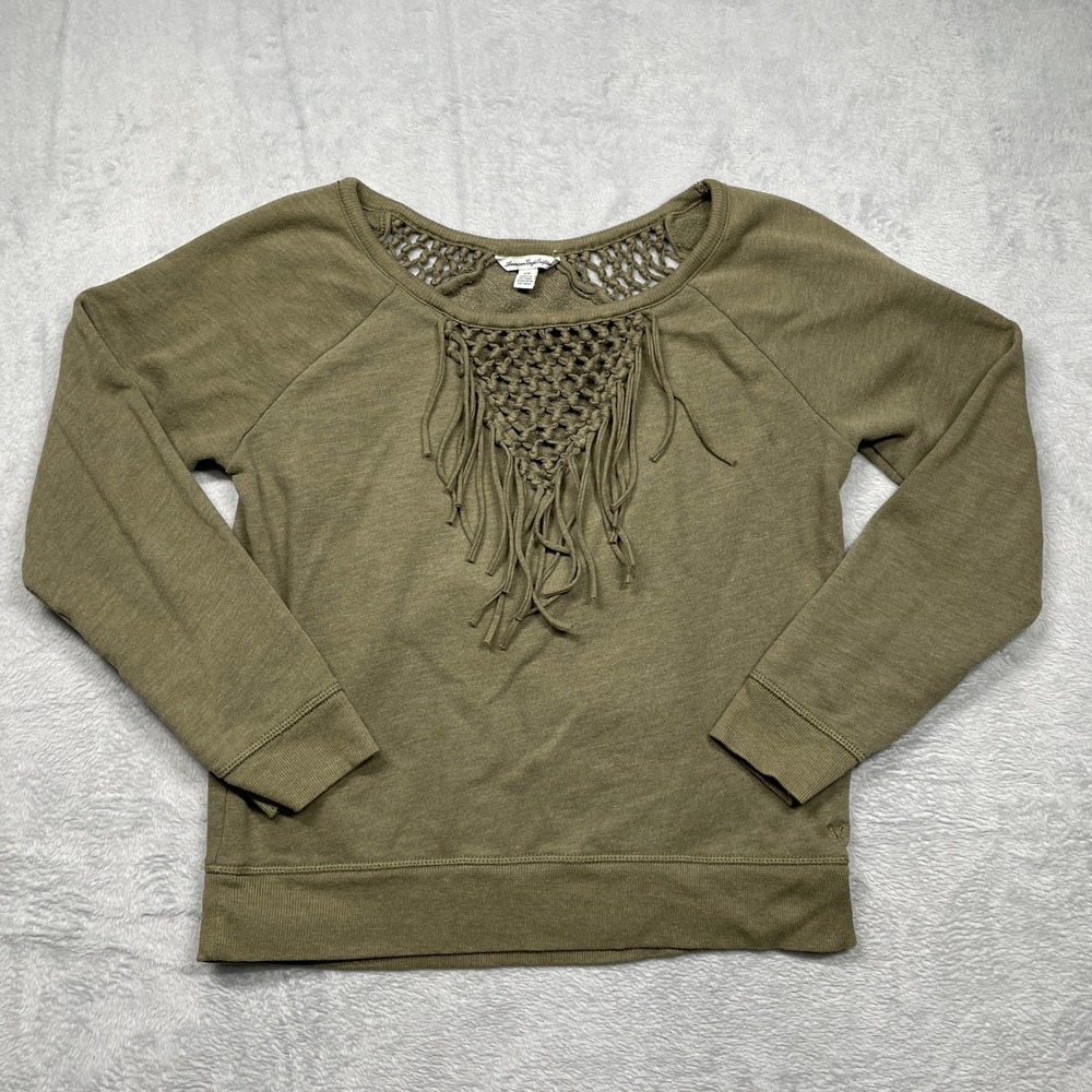 American Eagle Sweatshirt Women Medium Olive Green Macrame Fringe Crochet Boho